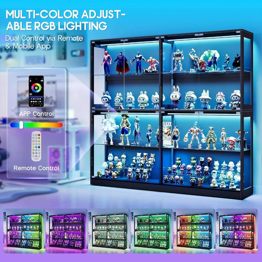 RGB Display Cabinet 4-Tier Glass Shelf LED Light Press-to-Open Door Black 70"H