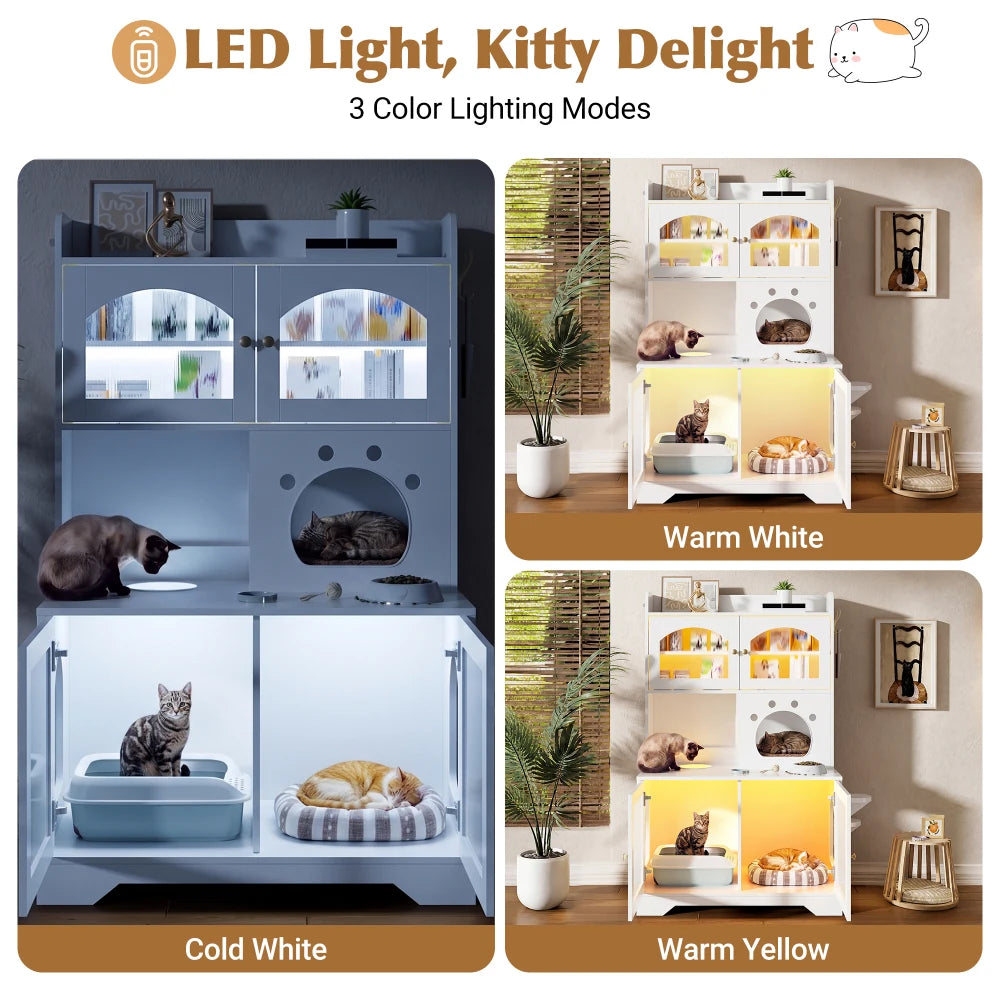 3-Tier Cat Litter Box Enclosure with Storage Cabinet, Hidden Cat Washroom Furniture with Fluted Glass Doors & Climbing Platforms