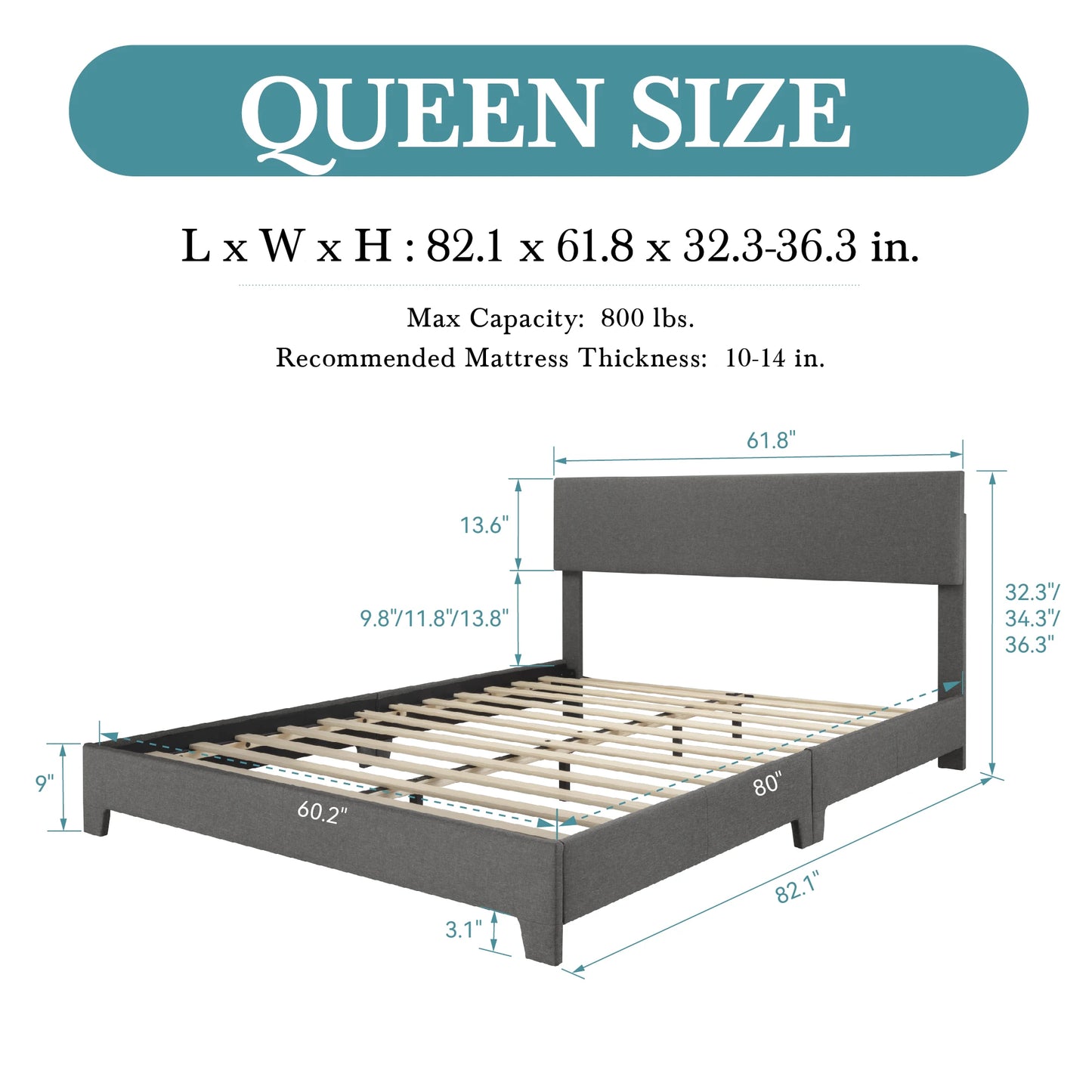 HOOMIC Upholstered Bed Frame With Adjustable Headboard In Linen Fabric