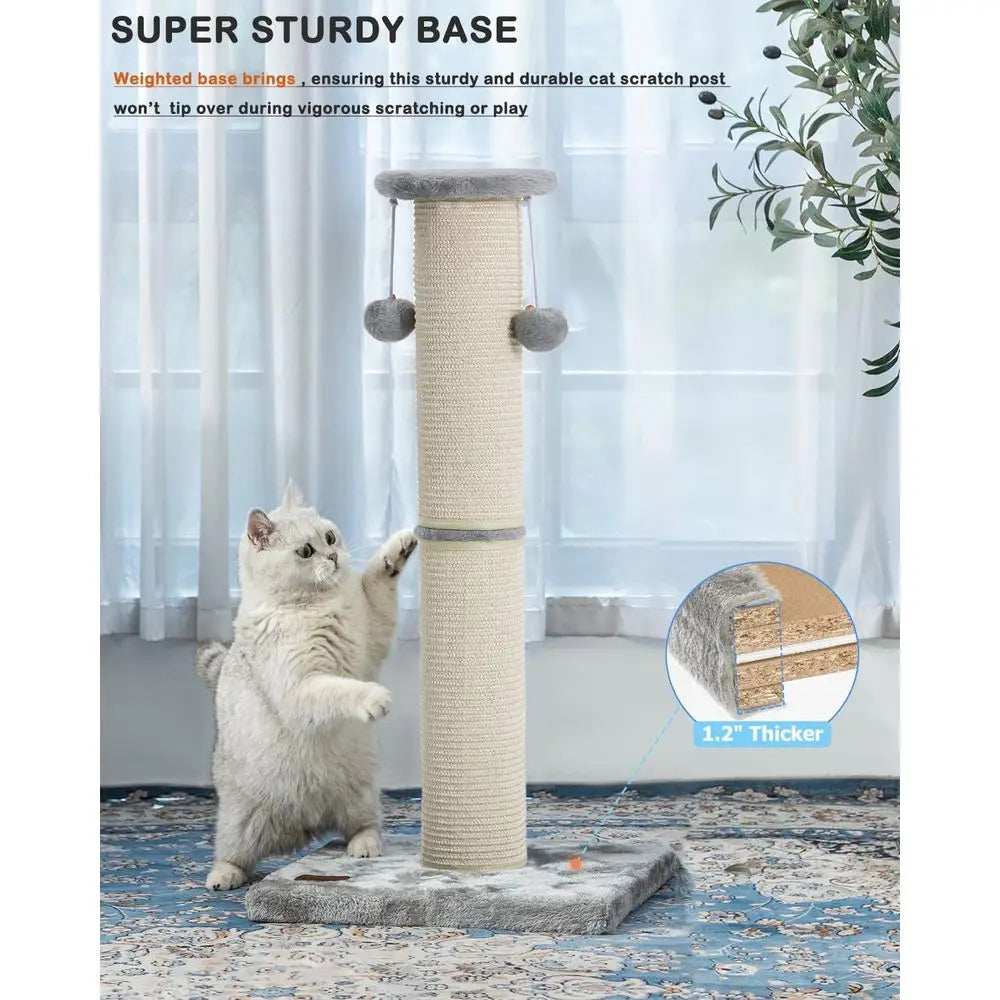 34 Inches Large Sturdy Cat Post with Sisal Scratcher and Hanging Ball Scratching Post for Indoor Cats Adult Grey