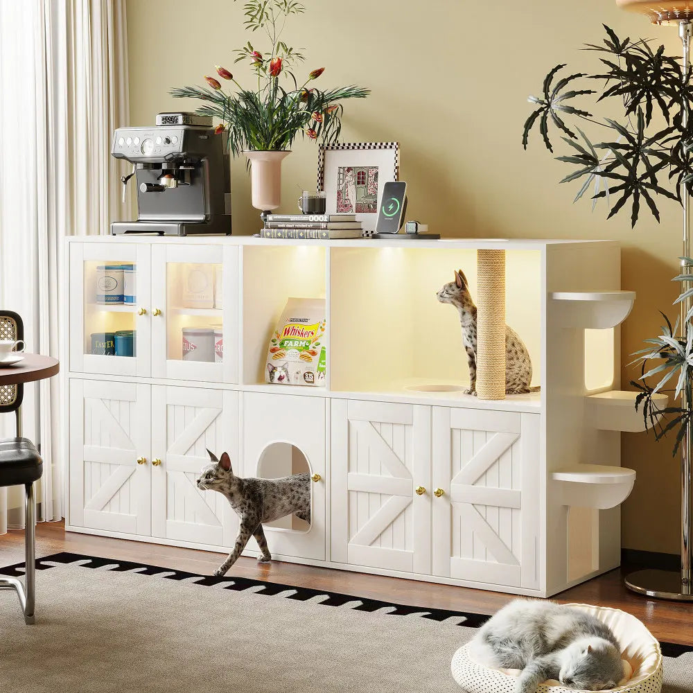 Farmhouse Cat Litter Box Enclosure Hidden Cat Washroom Built-in Scratching Post & LED Lights, Cat House with Storage Cabinets
