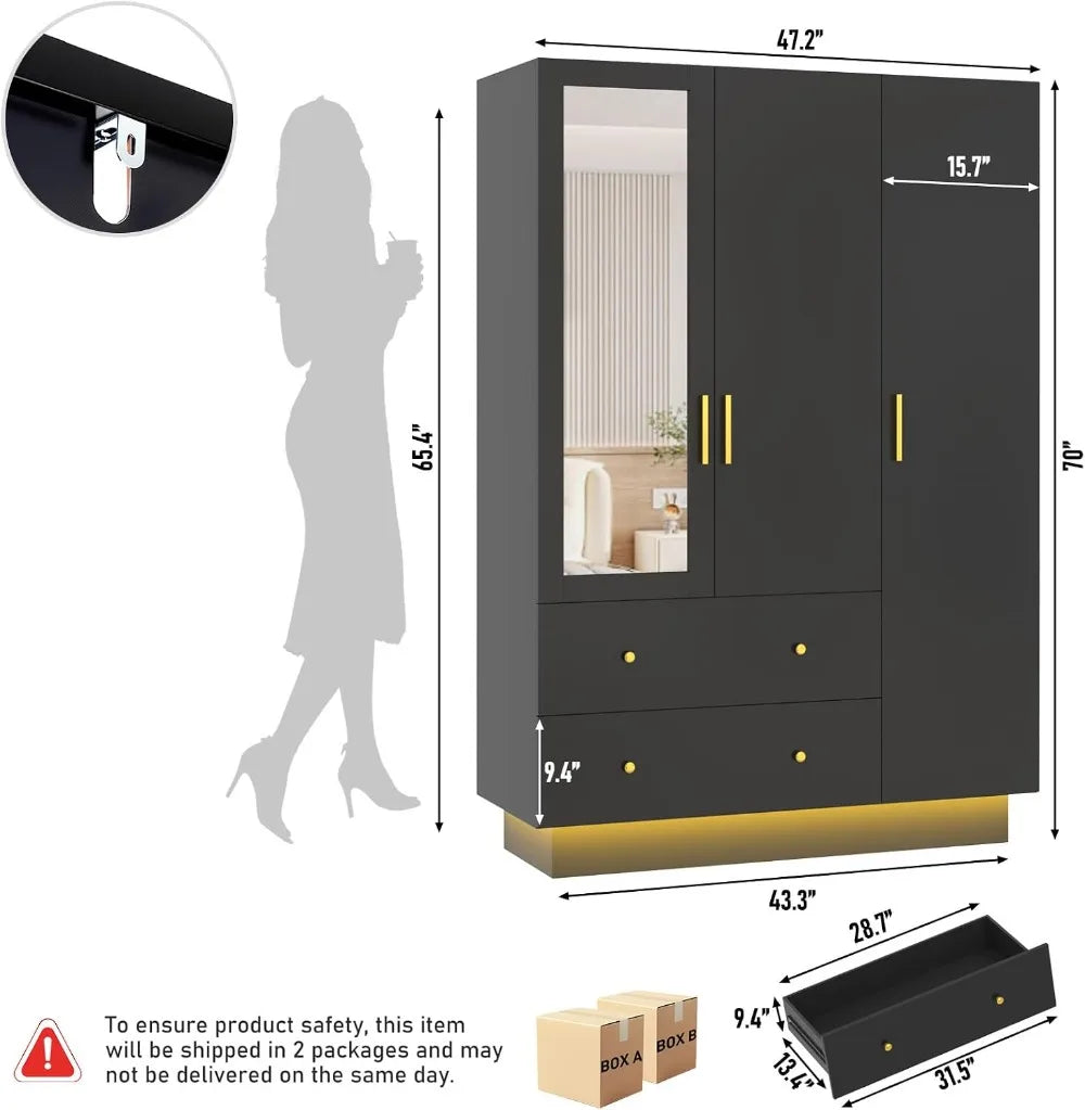 3 Door Wardrobe Closet with Mirror LED Lights, Bedroom Armoire with Drawers Shelves, Black