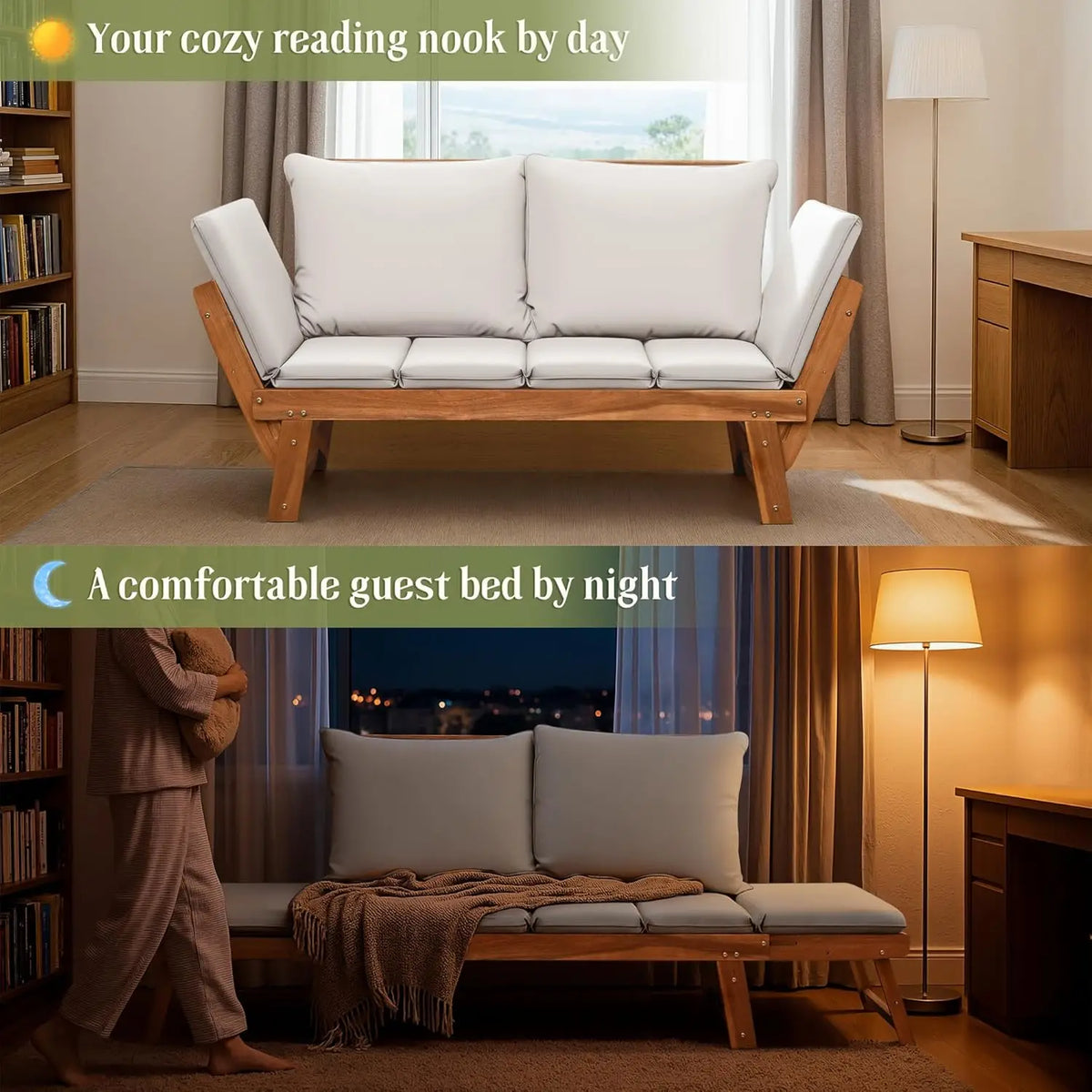 Adjustable Armrest Acacia Wood Outdoor Loveseat Soft Cushion Convertible Balcony Porch Backyard Furniture White Customized