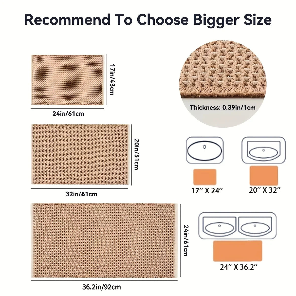 Waffle Bath Mat Non Slip Rubber Backed, Machine Washable, Ultra-Soft
