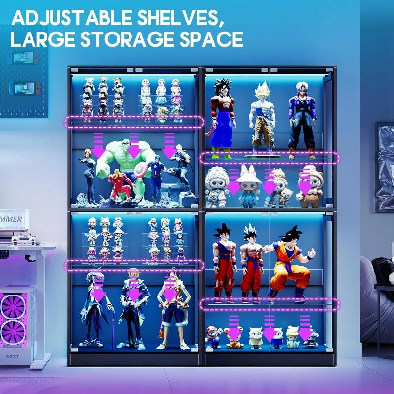 RGB Display Cabinet with Adjustable Glass Shelves, 4-Tier Storage Case with LED Lights & Press-to-Open Doors, Modern Di