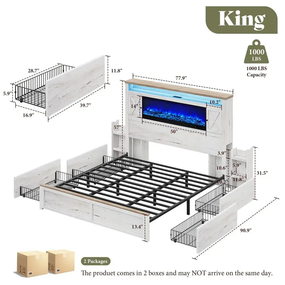 Fireplace Bed Frame King Size, 57 Platform Bed with Headboard, Barn Door Cabinets, 4 Storage Drawers amp 2 Bedside Racks, RGB L