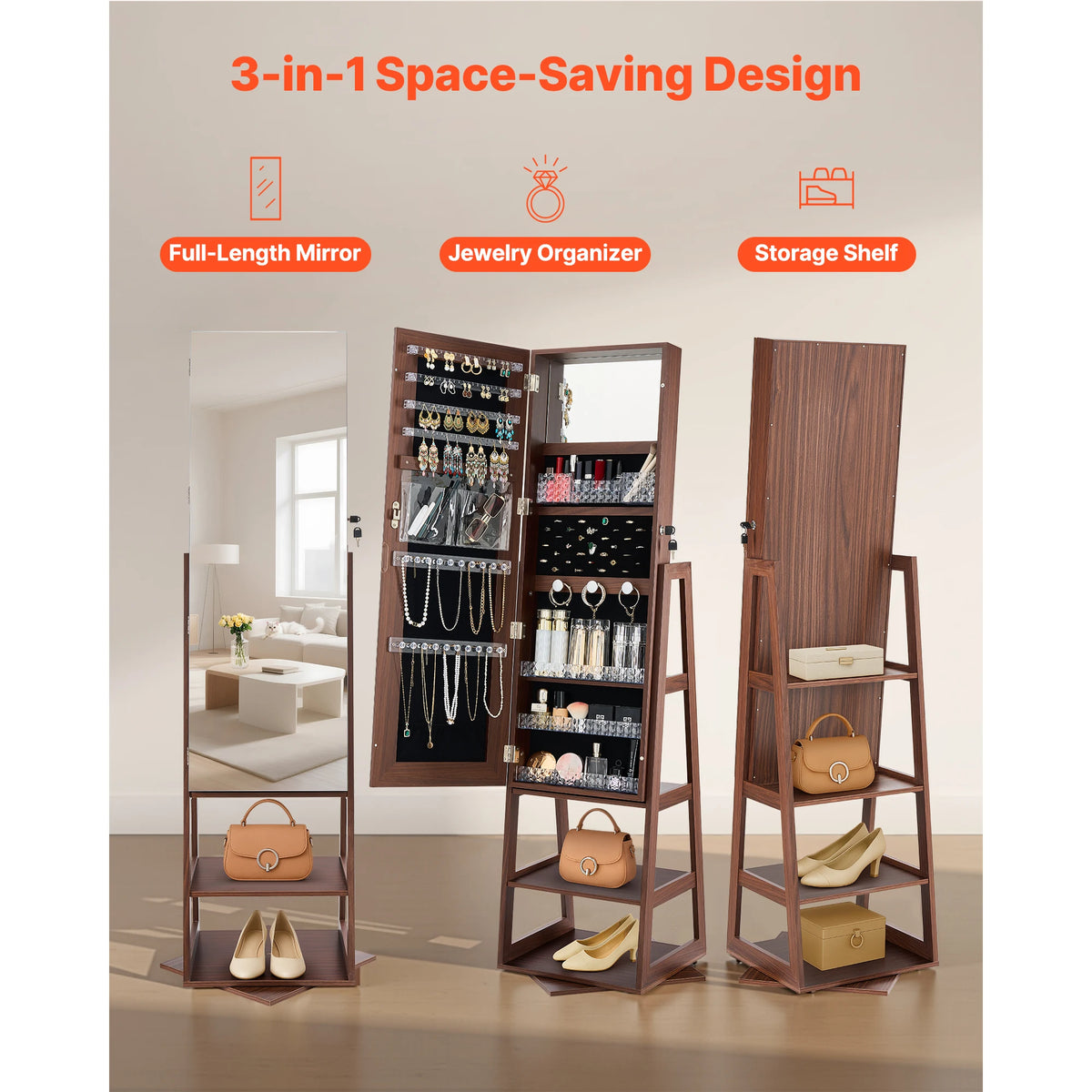 SucceBuy 360° Swivel Jewelry Cabinet 61/63" Tall Full-Length Mirror Lockable Rotatable Armoire Organizer Shelves Pouches 2 Keys