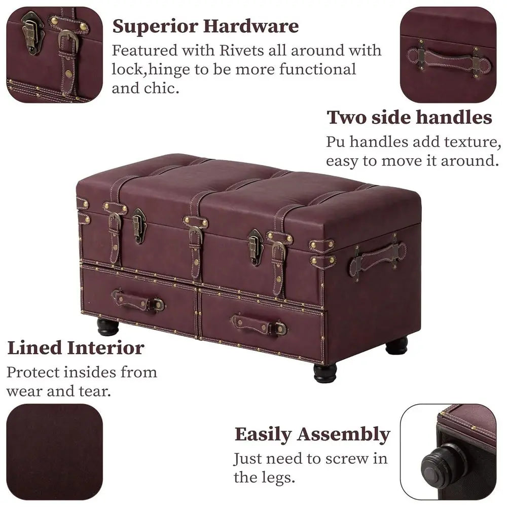Set of 2 Vintage MidCentury Storage Ottoman Bench Upholstered Padded Chest for Entryway, Bedroom, Living Room Dark Magenta