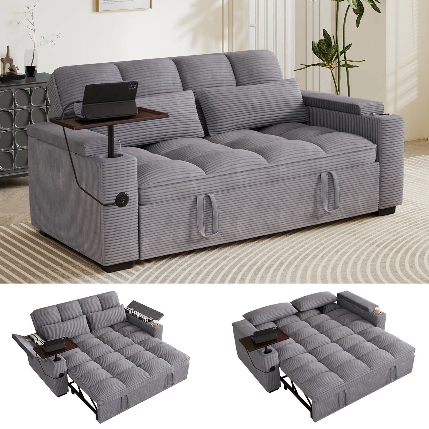Convertible Folding Sofa Bed With Corduroy Fabric And USB Charging
