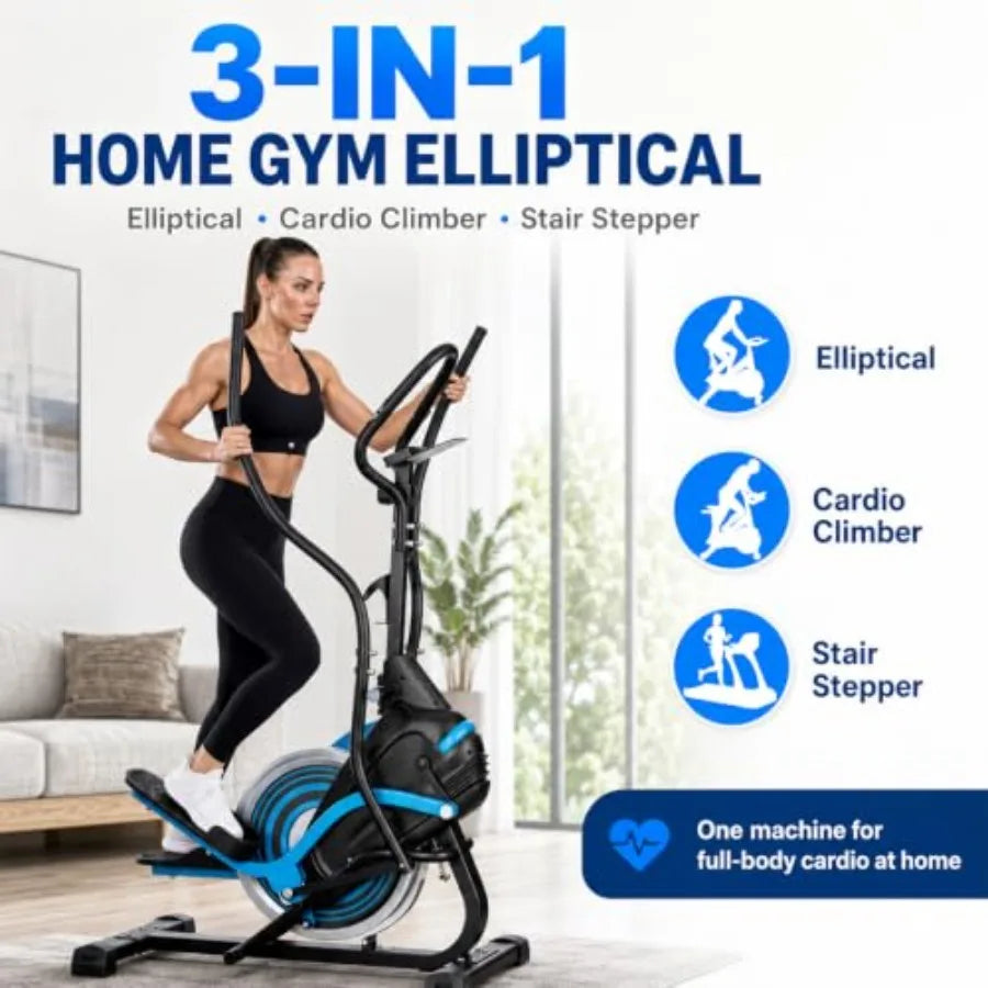 3-in-1 Elliptical Exercise Machine for Home Use, Steel Frame, Black, 15.5-Inch Stride with Smooth Magnetic Resistance