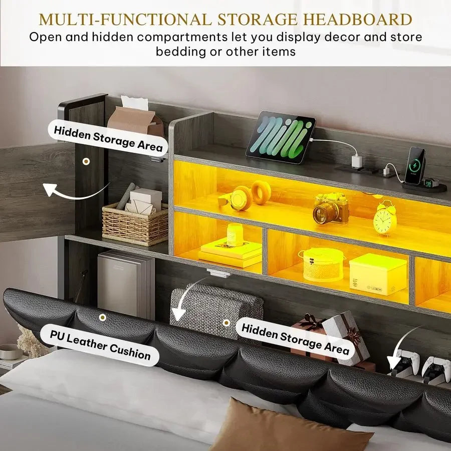 Queen Size Bed Frame with RGB LED Lights amp Storage Bookcase Headboard, Upholstered Bed with Charging Station and 4 Drawers, N