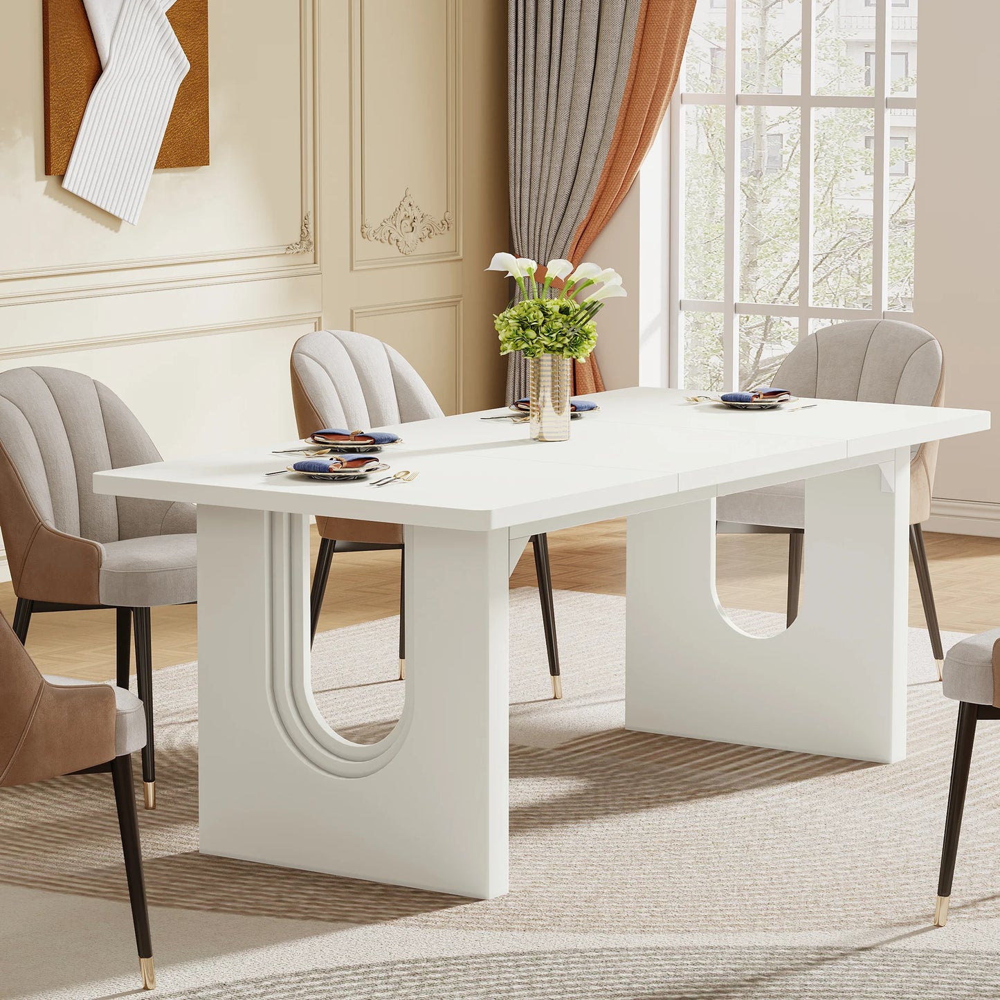 LITTLE TREE Modern Dining Table for 6 to 8 People, 71" Large Kitchen Dining Table with Wood Pedestal Base