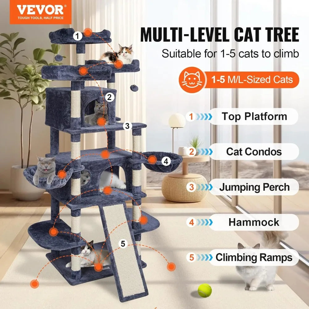 Indoor Cat Tree With Double Condos, Hammocks, And Scratching Posts
