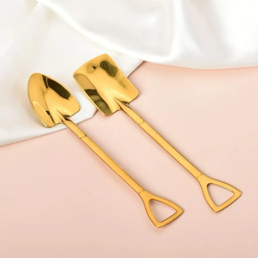 Golden Shovel Spoons for Desserts Coffee Tea Grapefruit Spoons Set of 2 Flat Watermelon Ice Cream Spoons Gold Color Luxury Kitc