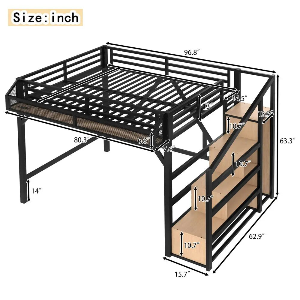 Queen Loft Bed with Storage Stairs, Shelves and Builtin Wardrobe, Metal Loft Bed Frame with USB Ports and LED Lights, NoiseRedu