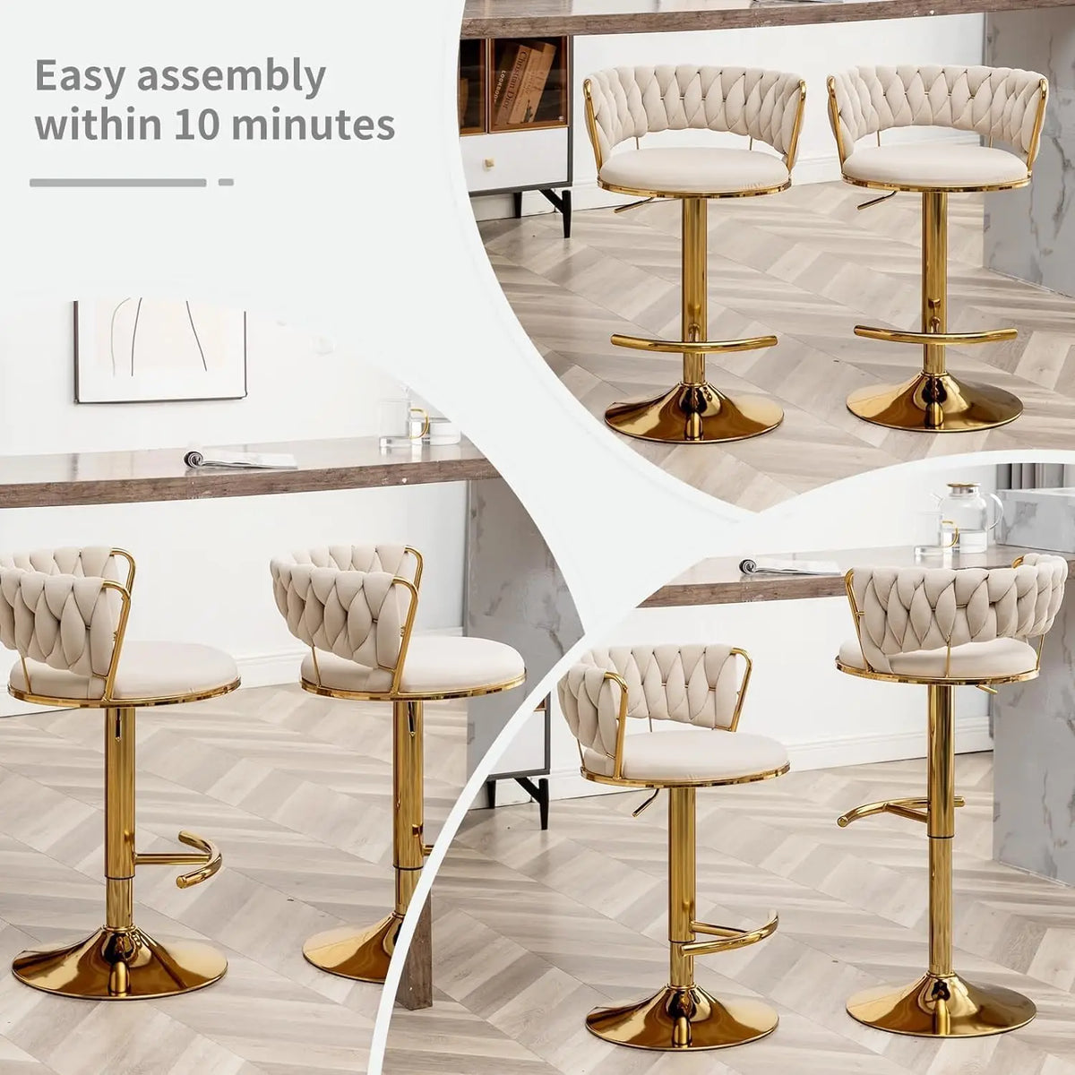 Adjustable Velvet Counter Height Bar Stool Set 3 Low Back 360° Swivel Kitchen Island Pub Chair , Custom