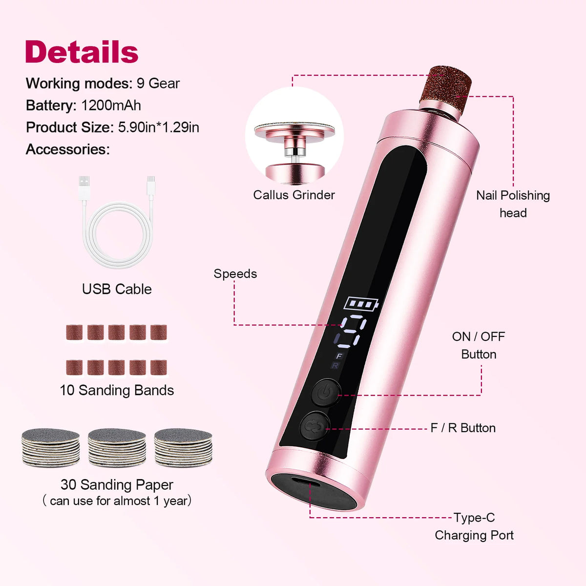 USB Rechargeable 2 in 1 Electric Foot Callus Remover Nail Grinder 9 Gear Pedicure Foot File Dead Skin Remover Foot Hand Care Beauty Tool
