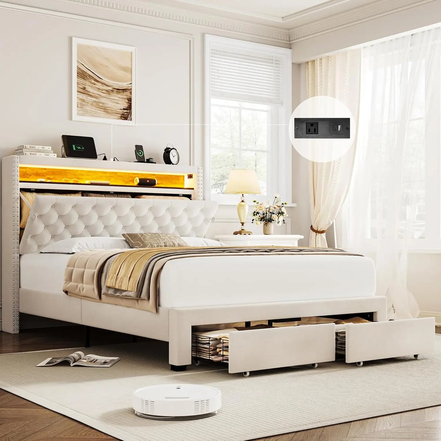 Queen LED Storage Bed Frame USB Charging Velvet Upholstered 2 Drawers Tufted Headboard No Box Spring, Customized