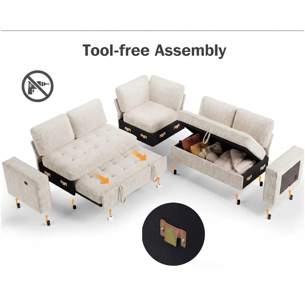 5 Seat L Shaped Modular Sectional Sleeper Sofa Bed with Pull Out Bed Reclining Backrest USB Ports Storage Seat, Sectional Sleep