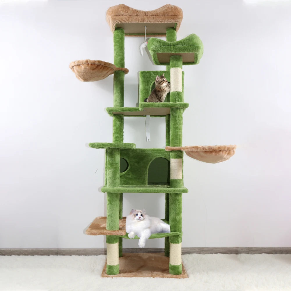 68-Inch Tall Green Multi-Level Cat Tree for Indoor Cats, Particle Board Cat Tower with Hammocks, Hanging Basket, Cat Cave, Removable Cushion, Scratching Posts and Plush Top Perch, Cat Furniture for Climbing and Resting, Green