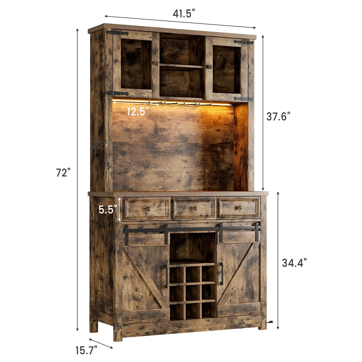 HiMISS Farmhouse Coffee Bar Cabinet With LED Lighting Wine Rack