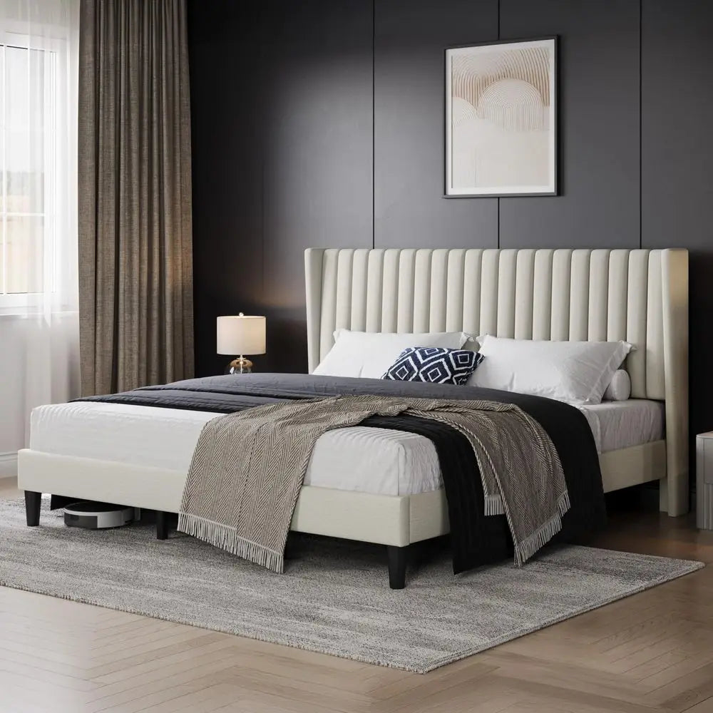 King Bed Frame Upholstered Platform Bed with Fabric Headboard, Wing Edge Design NonSlip and NoiseFree Wooden Slats Support No B