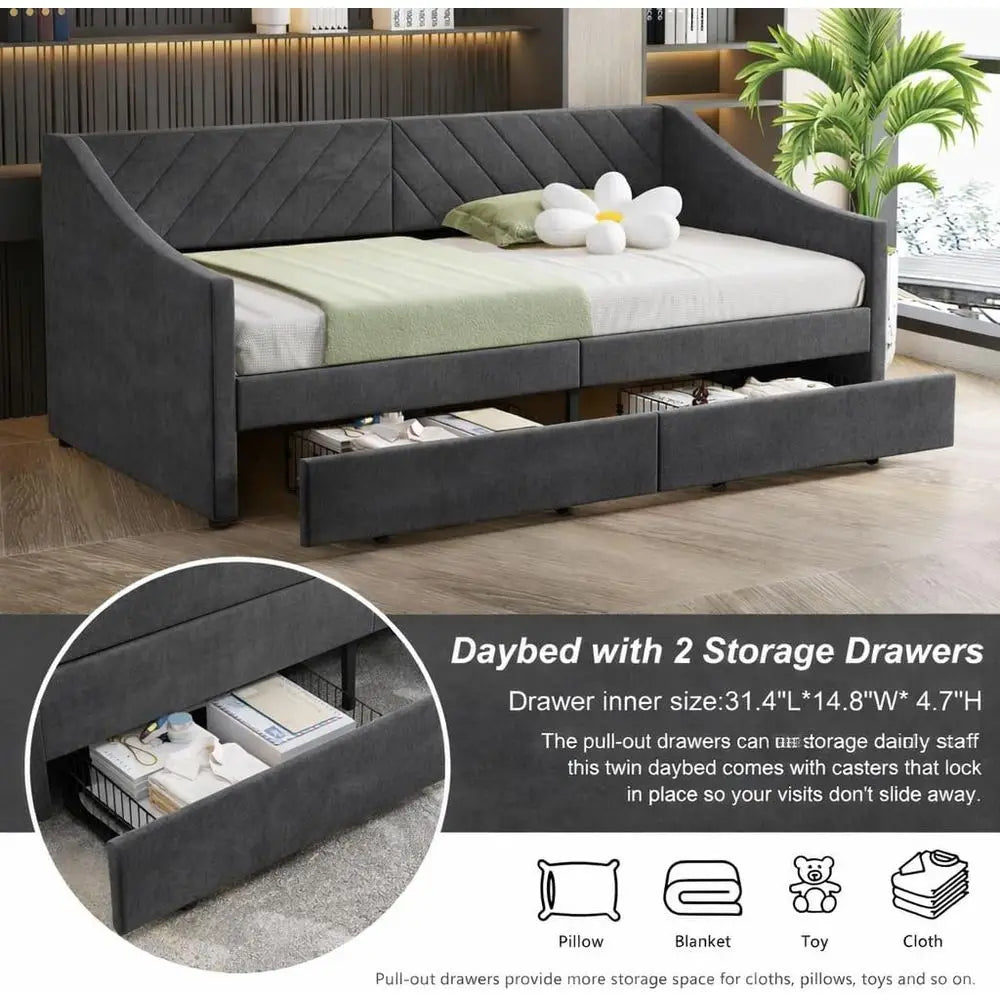 Twin Daybed with Storage Drawers and Leather Sofa Bed, Wood Slat Support, No Box Spring Needed (K Grey)