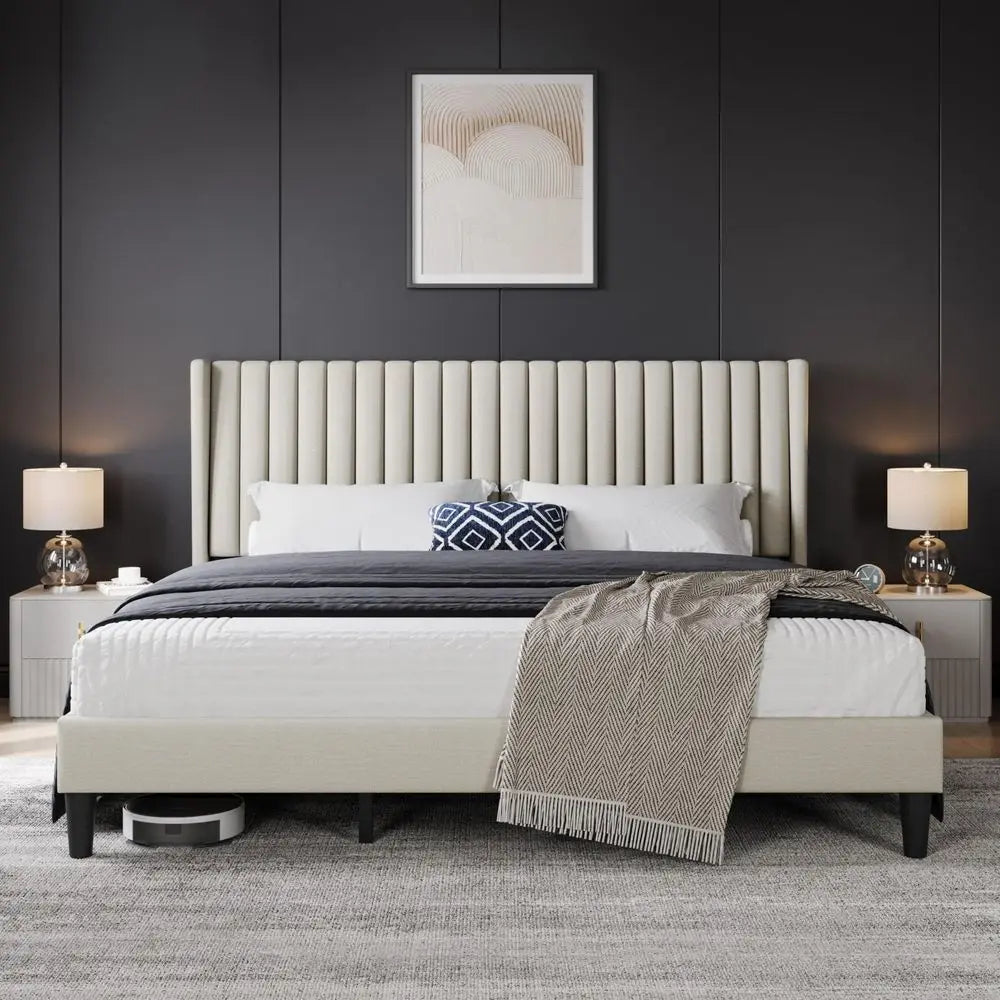 King Bed Frame Upholstered Platform Bed with Fabric Headboard, Wing Edge Design NonSlip and NoiseFree Wooden Slats Support No B
