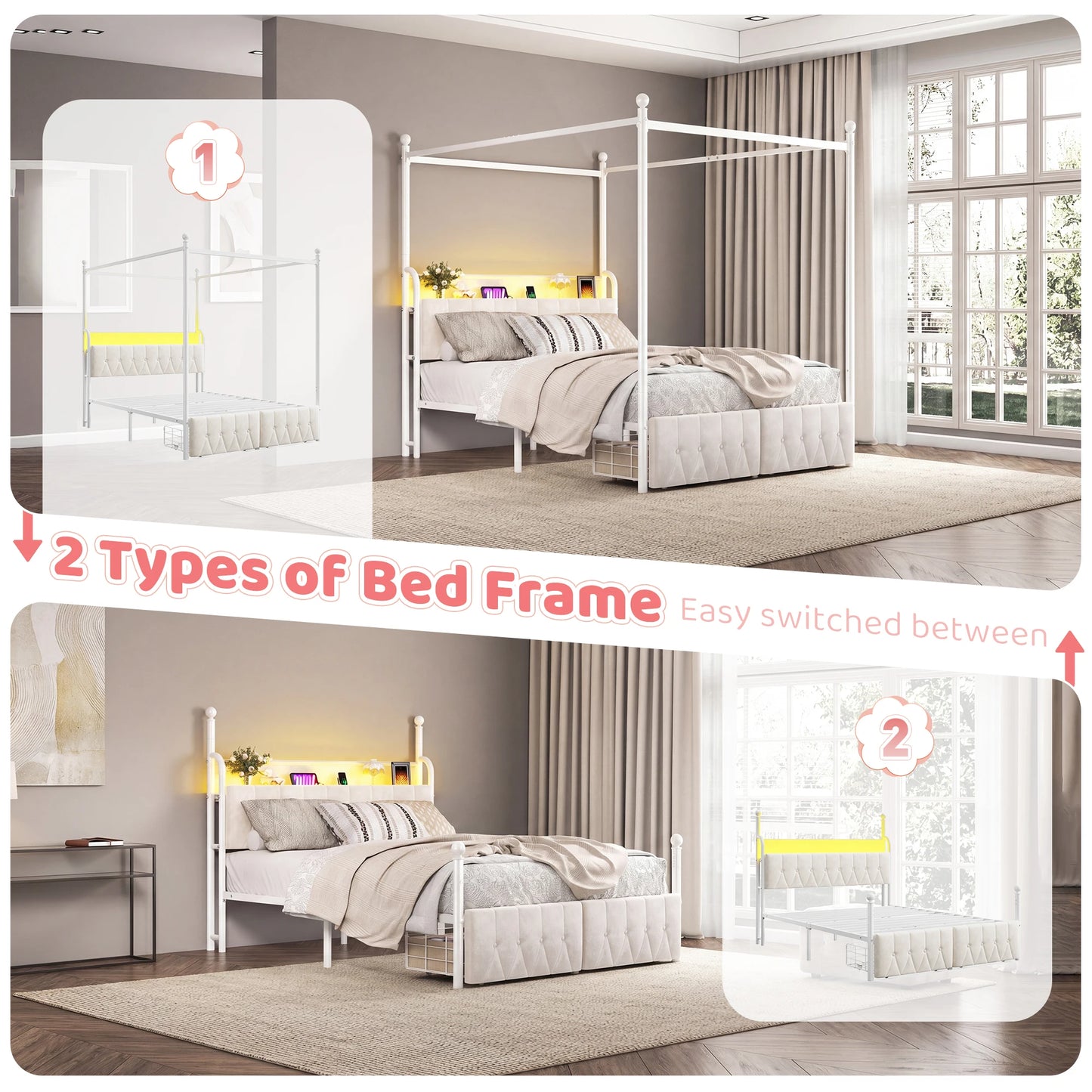 EnHomee Canopy Bed Frame With Charging Station And LED Lights