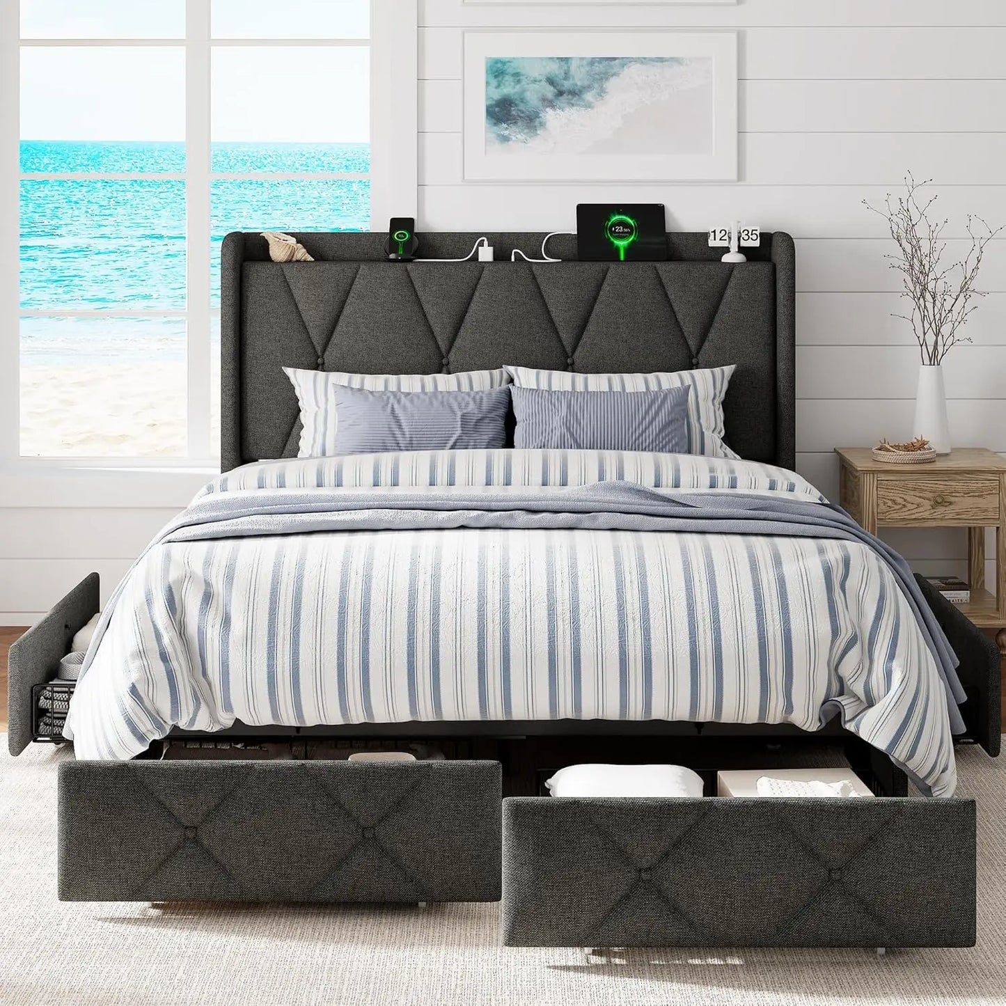 Full Size Upholstered Bed with 4 Storage Drawers, Charging Station, Wingback Headboard, Noise-Free, Black, Customized