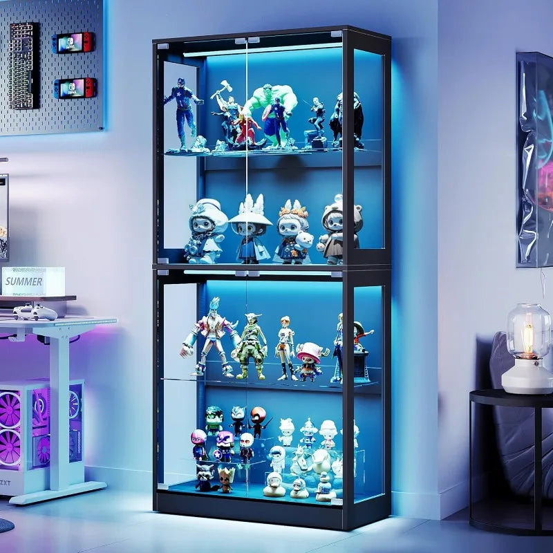 RGB Display Cabinet with Adjustable Glass Shelves, 4-Tier Storage Case with LED Lights & Press-to-Open Doors, Modern Di