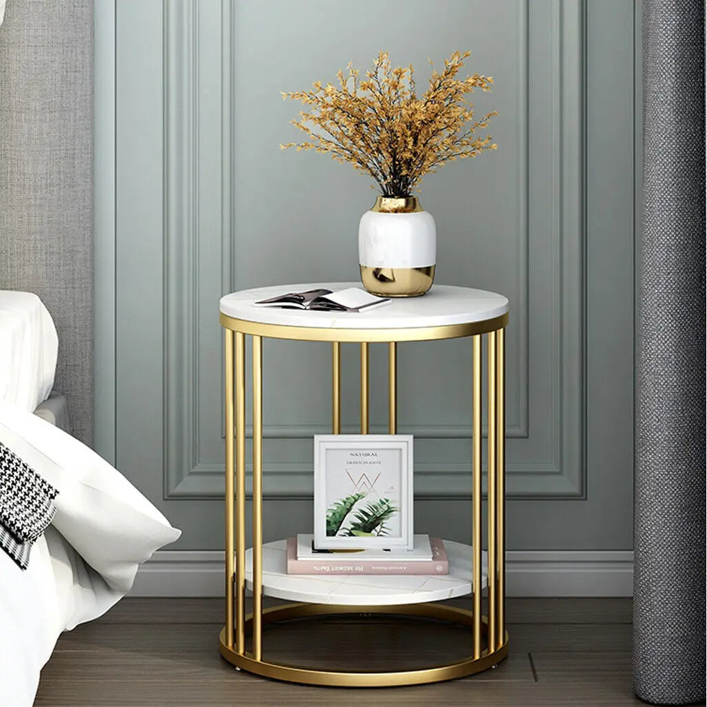Wisfor 2-Tier White Marble Round Side Table For Living Room
