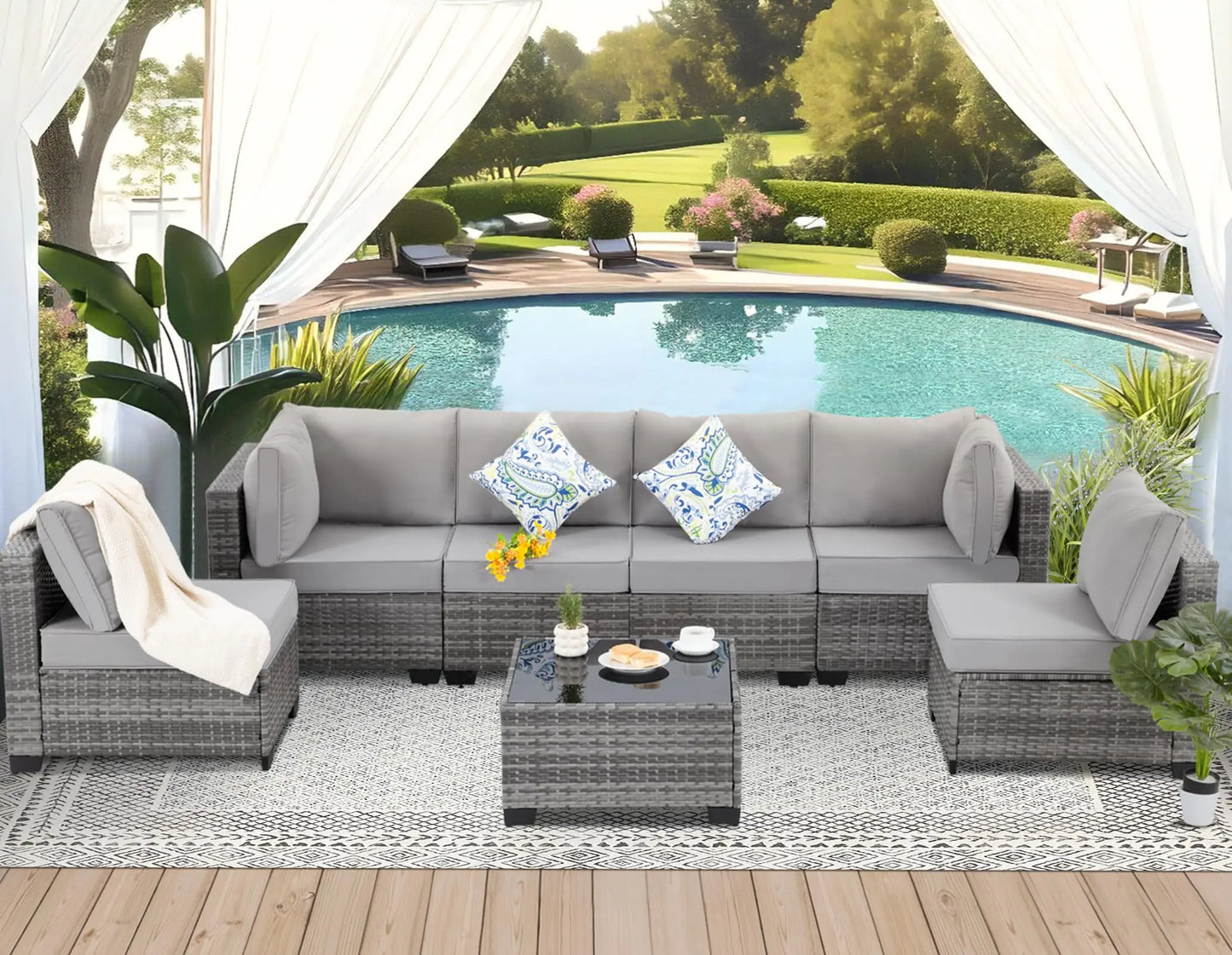 Seven Piece Outdoor Patio Wicker Sectional Rattan Sofa Set