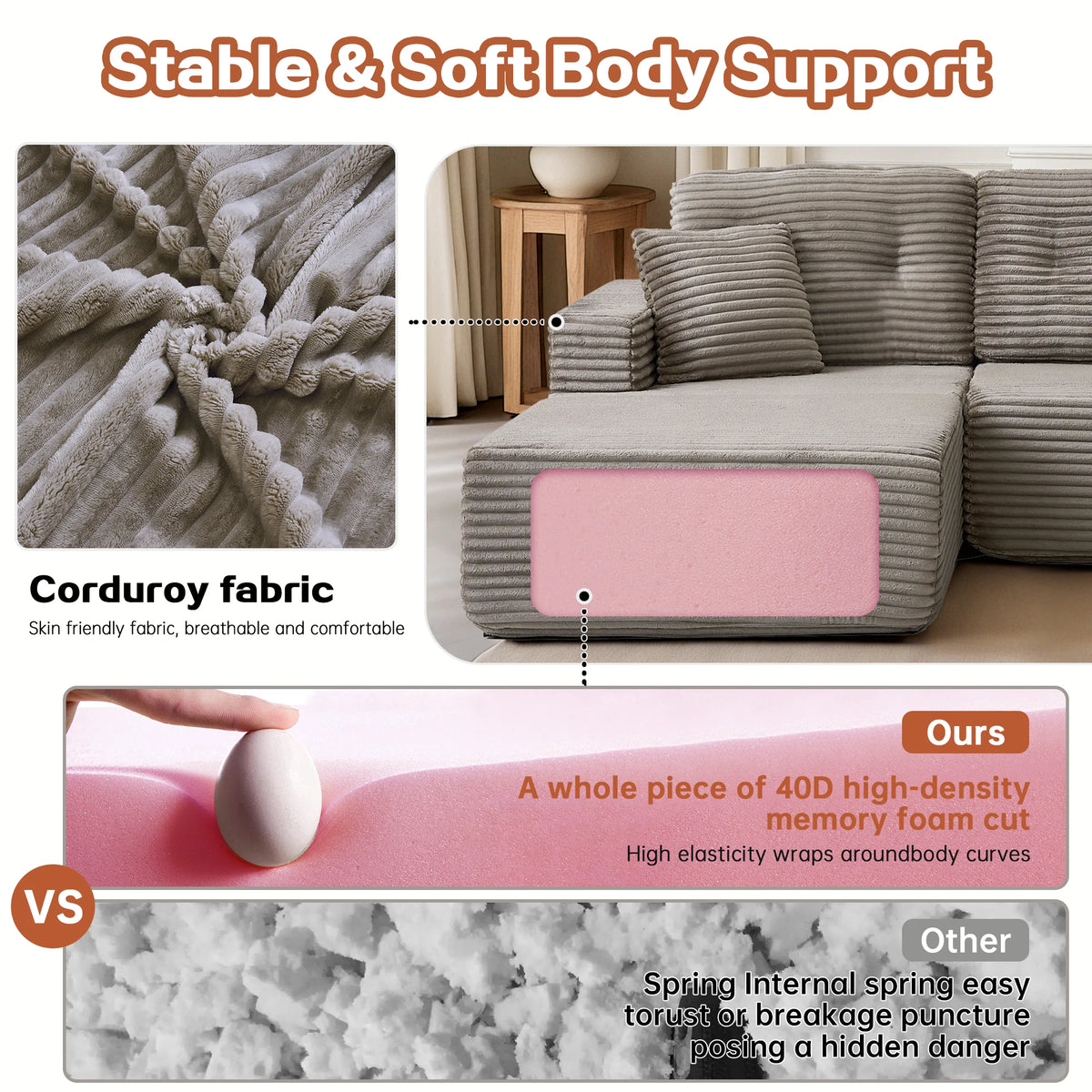 107'' Boneless Couch Cloud Sectional Couch Sofa Modular Comfy L-Shape Couch with Chaise for Living Room Sofas