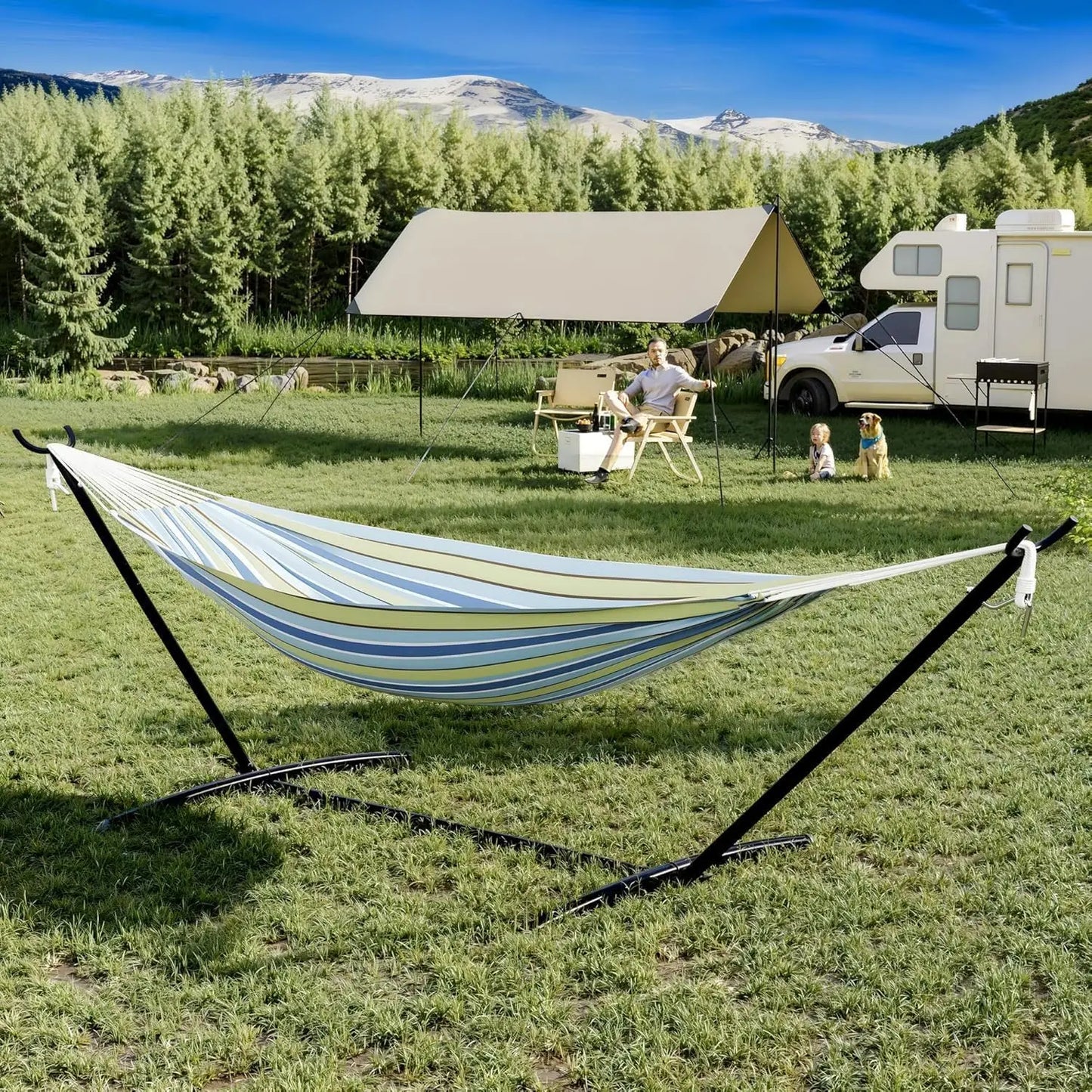 Heavy Duty Double Hammock With Stand Pillow 450lbs Capacity
