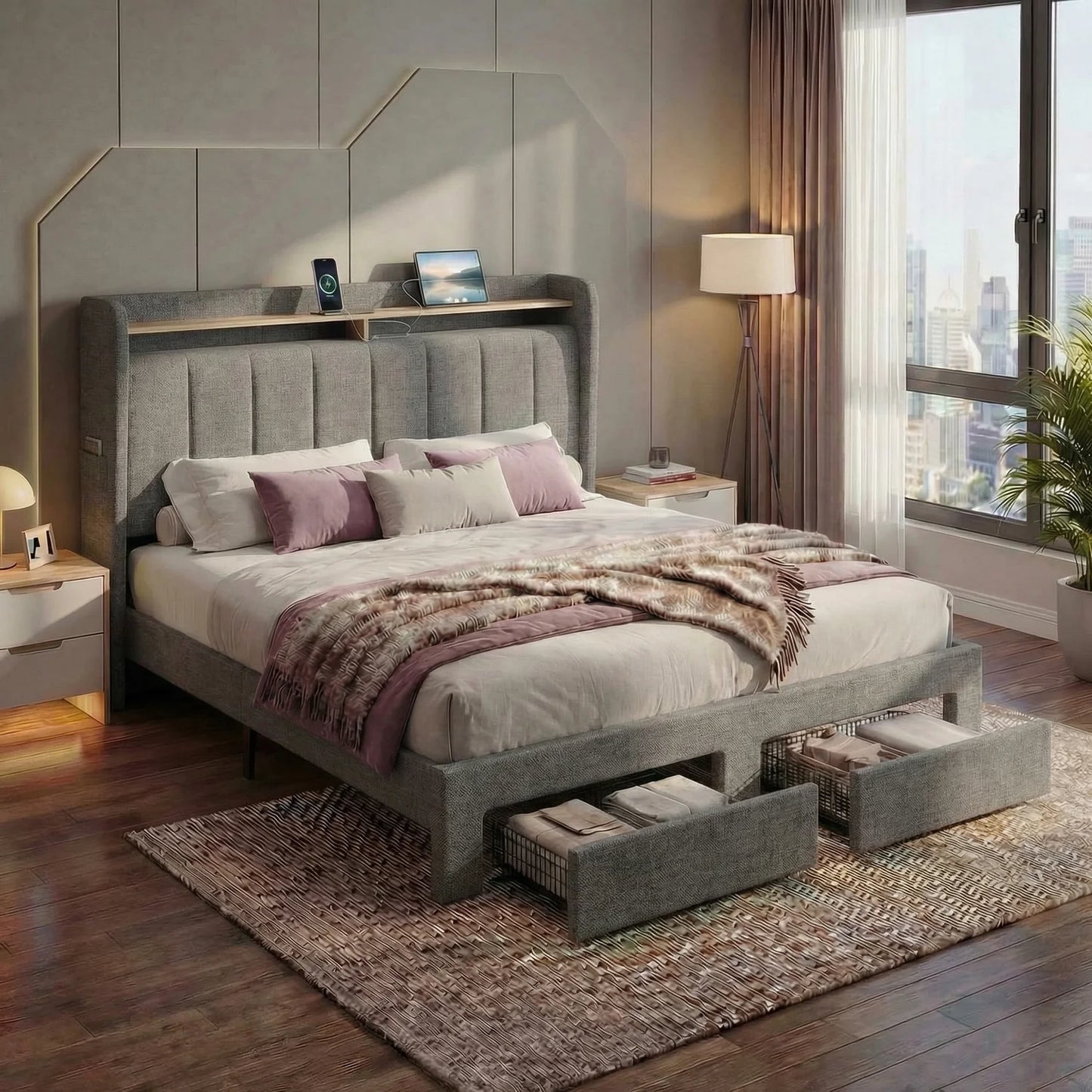 HOOMIC Platform Bed Frame With Storage Drawers And LED Lights