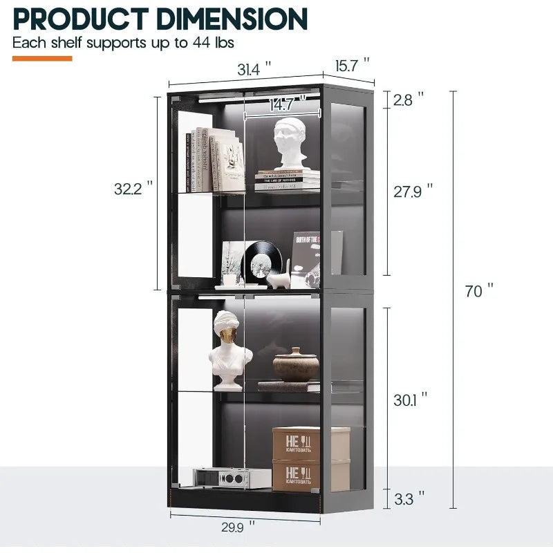 RGB Display Cabinet with Adjustable Glass Shelves, 4-Tier Storage Case with LED Lights & Press-to-Open Doors, Modern Di