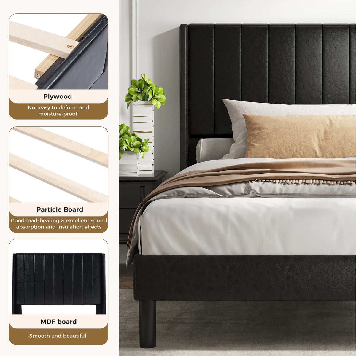 MCQ Wooden Bed Frame with PU Leather Wingback Headboard No Box Spring Needed with Sturdy Wooden Slats Support Upholstered Mattress Foundation For Home Bedroom