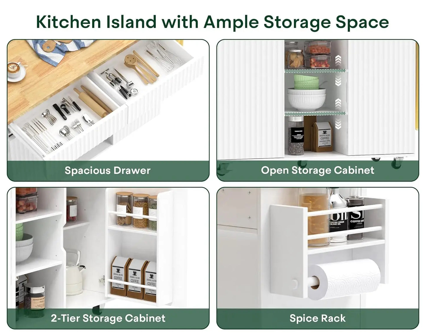 Kitchen Island with Drop Leaf, Rolling Cart with Trash Bag, Cabinet, Drawers & Spice Rack, 43.3"x29.5", Customized