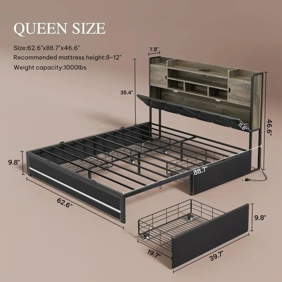Queen Size Bed Frame with RGB LED Lights amp Storage Bookcase Headboard, Upholstered Bed with Charging Station and 4 Drawers, N