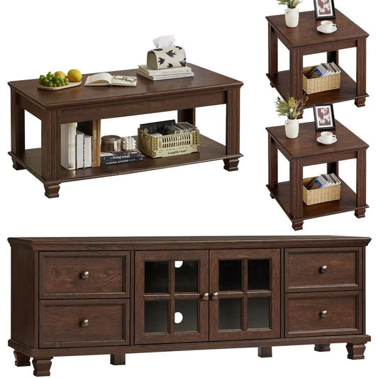 Farmhouse TV Stand and Coffee Table Set 4, Rustic Wood Living Room Table Set with TV Console, Center Table, End Table Set of 2