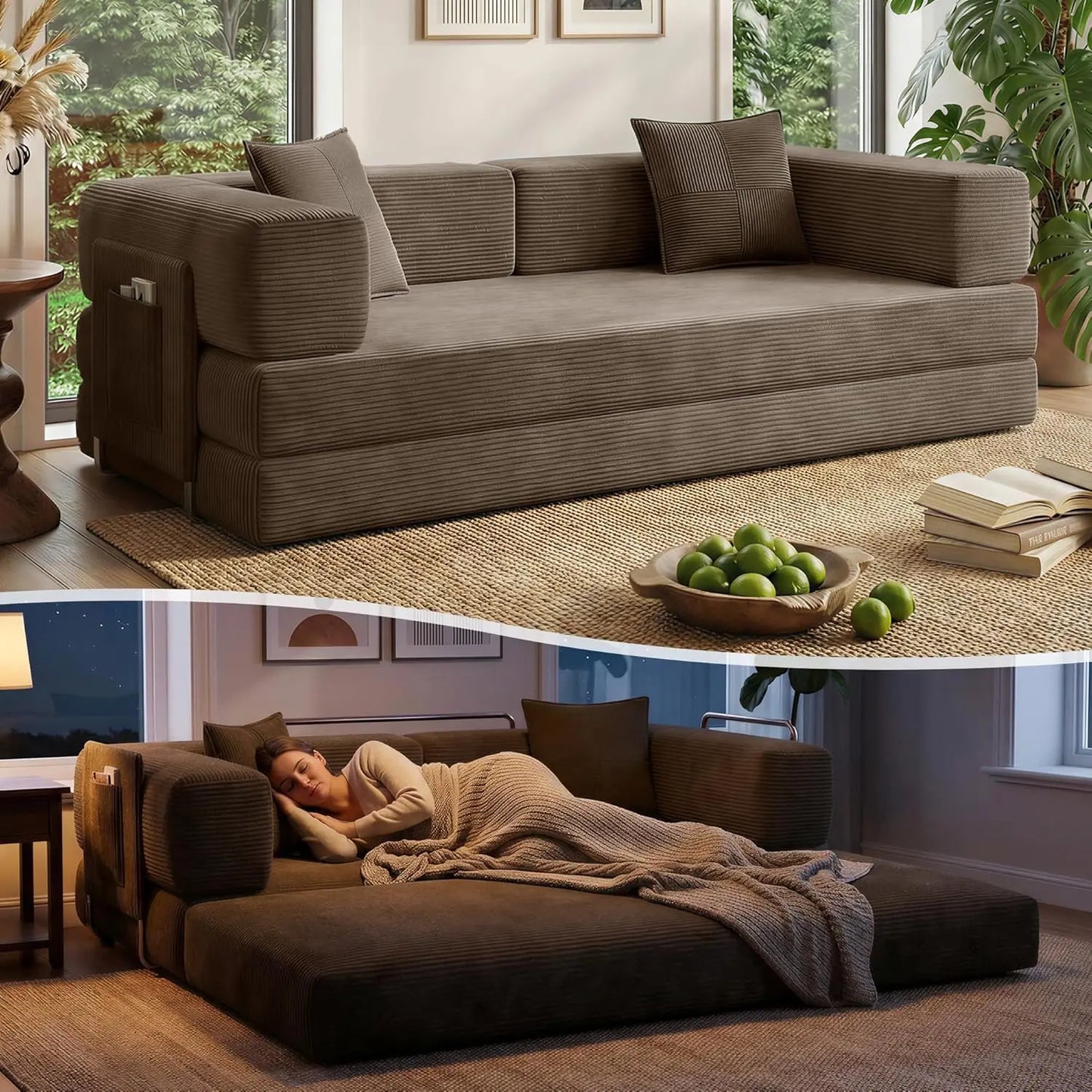 78.8" Convertible Sofa Bed with Armrest Pillow, 4-in-1 Sleeper Couch Bed for Livingroom, Modular Corduroy Boneless, Customized
