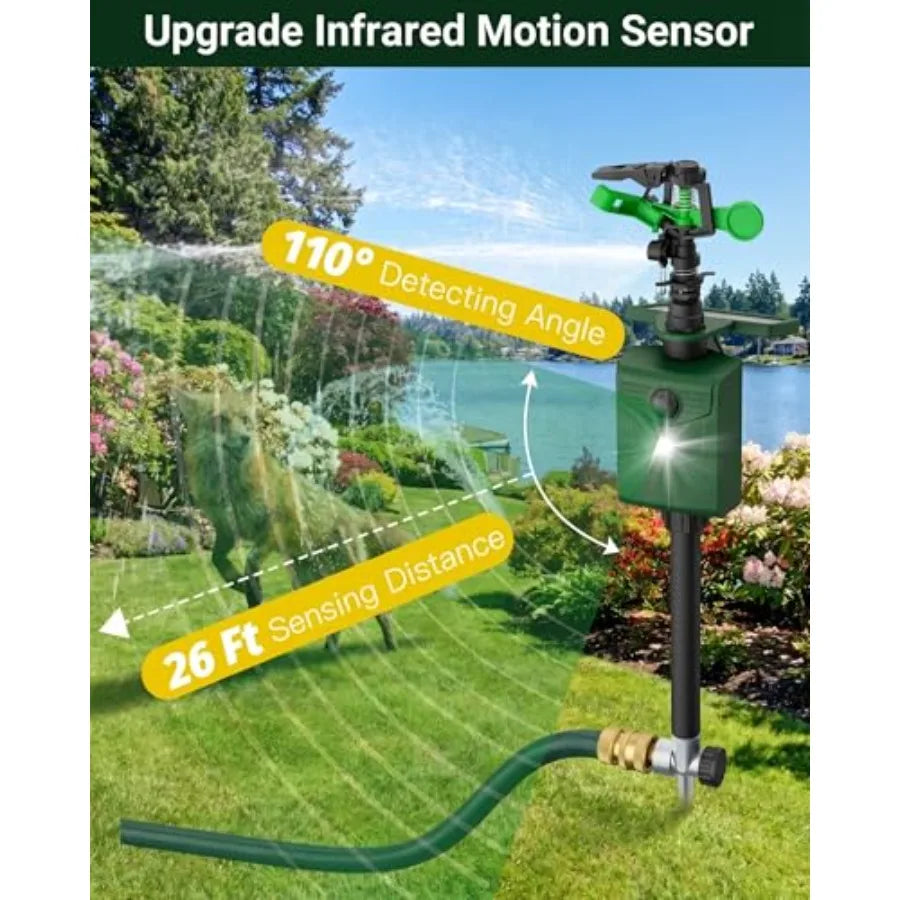 Outdoor motion-activated solar sprinkler for deer, cat, raccoon deterrence; weather-resistant ABS plastic, black finish, 120 de
