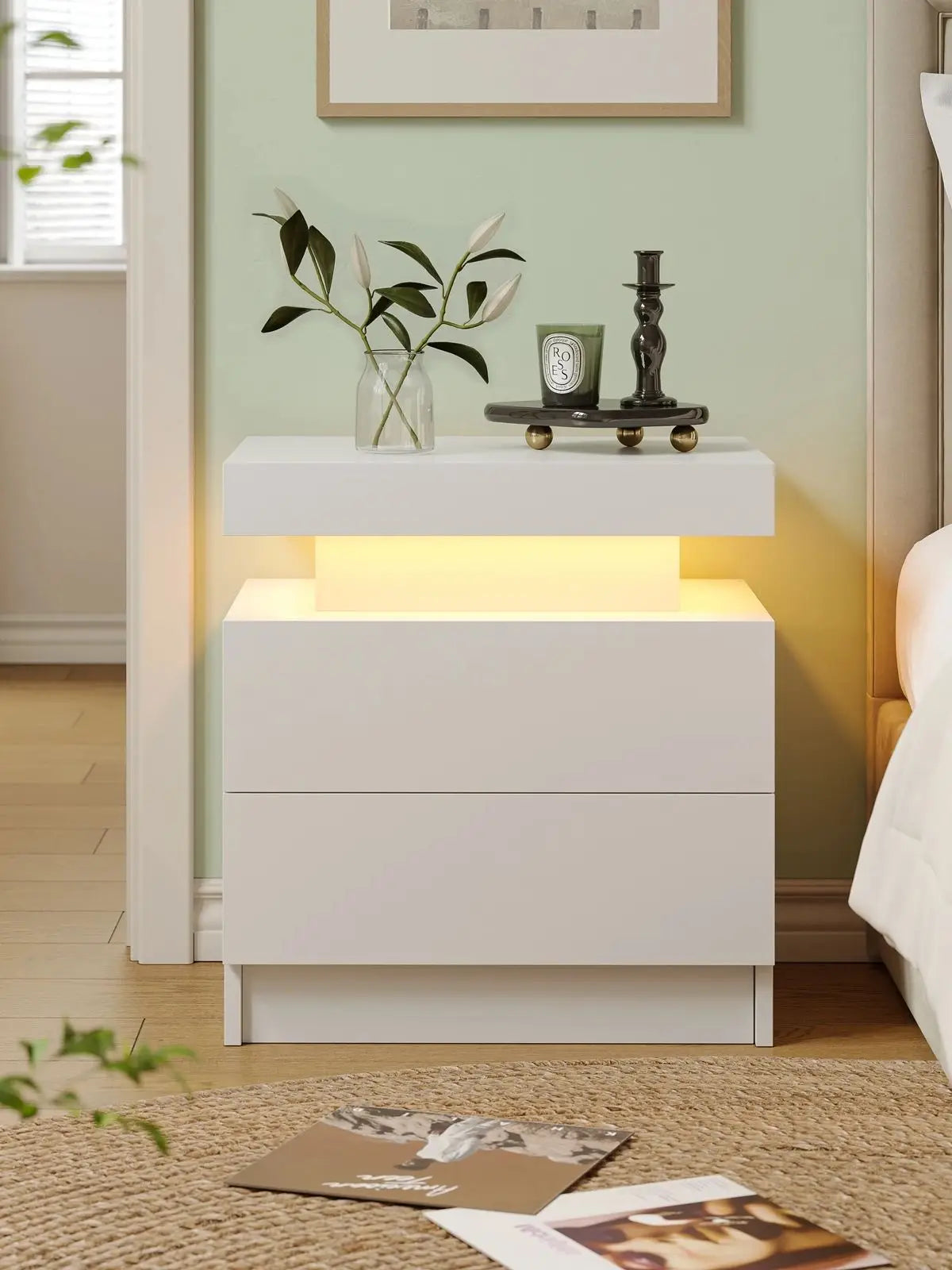 Cubehom White LED Nightstand With 2 Drawers And RGB Lights