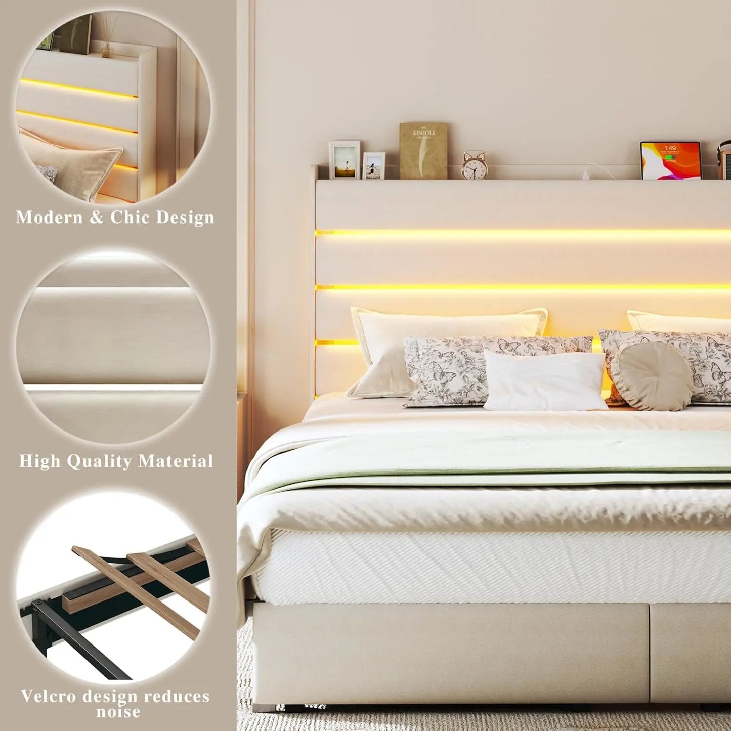 Queen Velvet Upholstered Storage Bed Frame with LED Light, USB Charging Station, Metal Slats Platform, White, Customized
