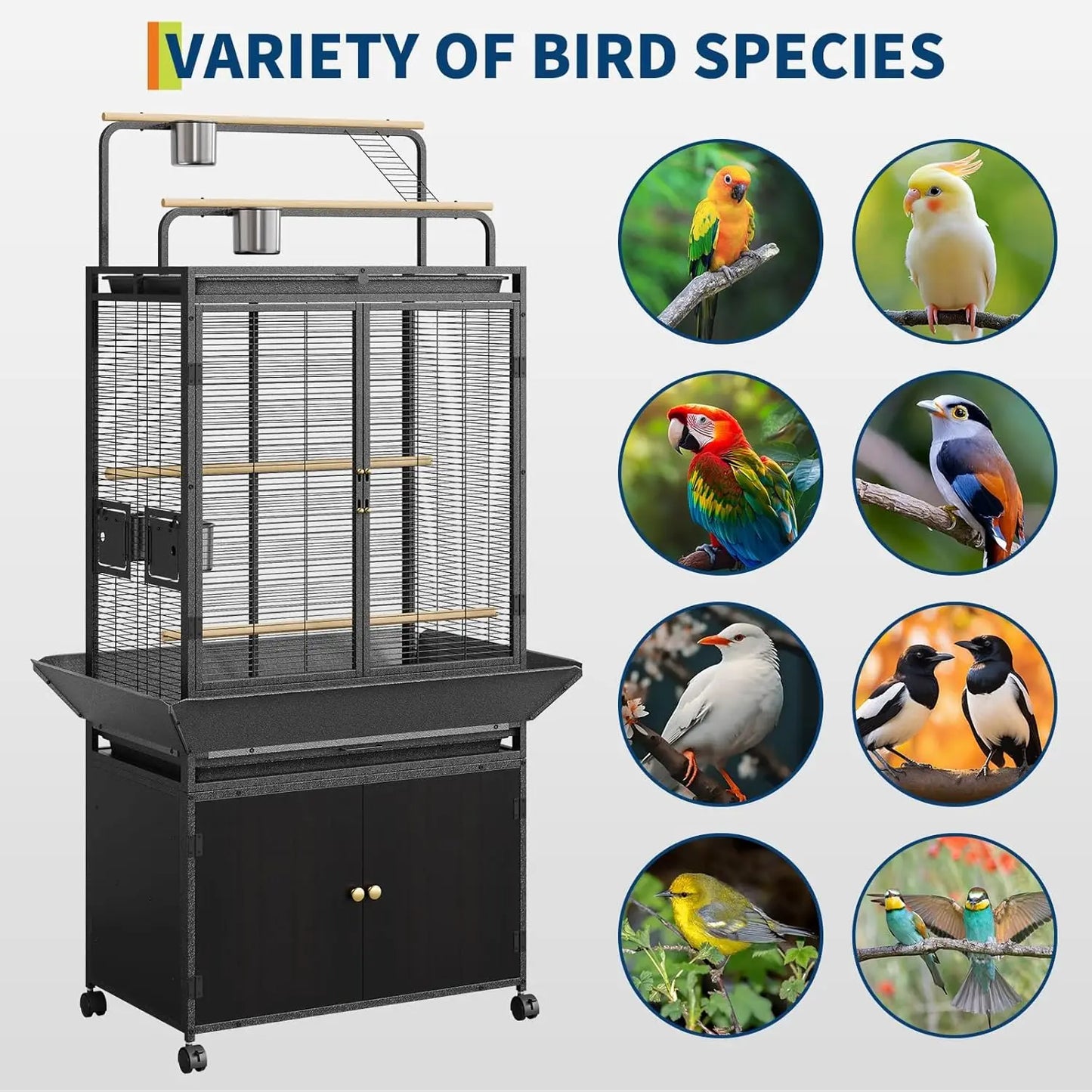 HiMISS Large Rolling Bird Cage With Play Top Cabinet