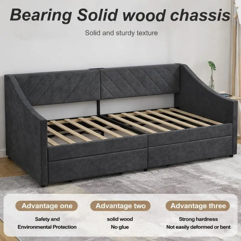 Twin Daybed with Storage Drawers and Leather Sofa Bed, Wood Slat Support, No Box Spring Needed (K Grey)