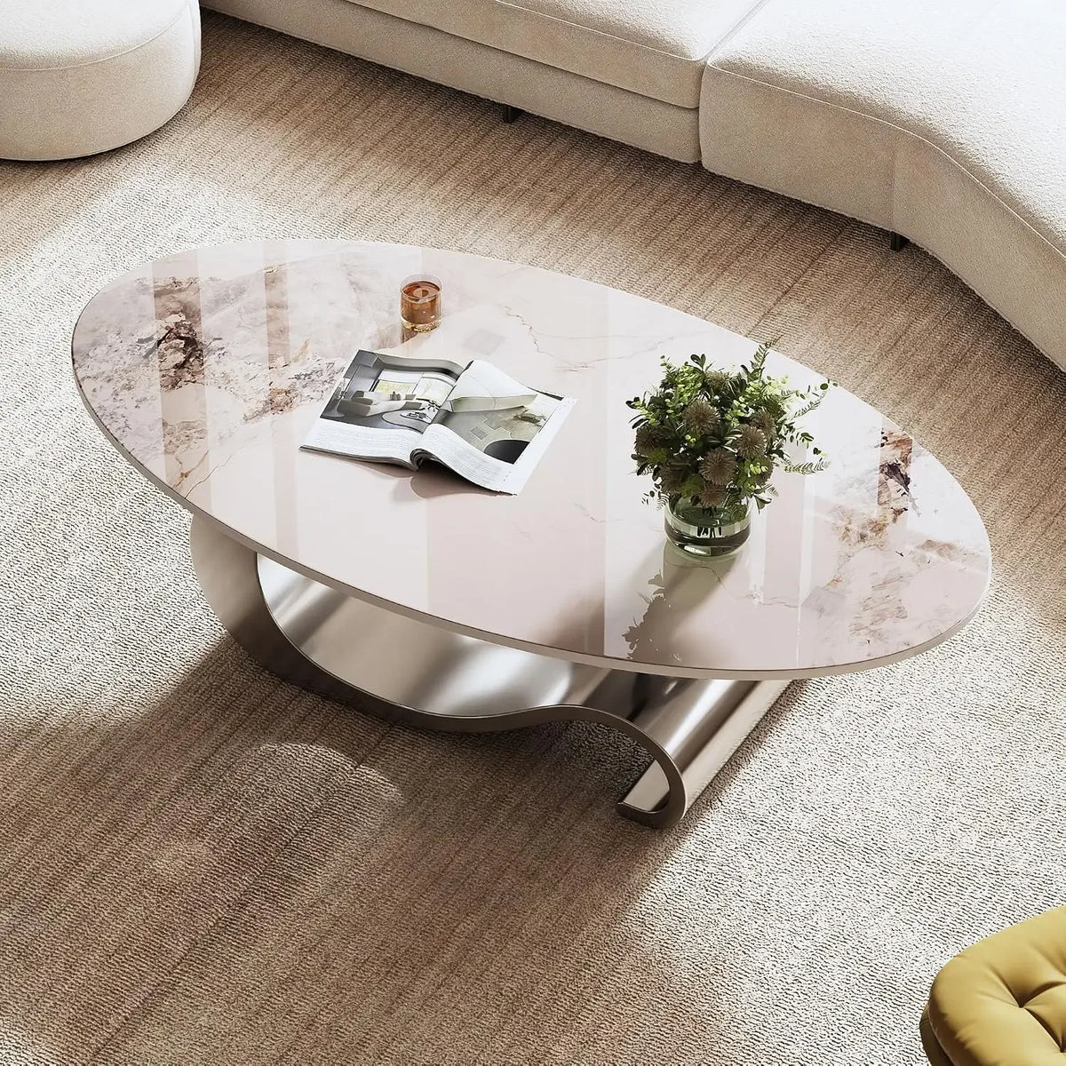 Modern Oval Coffee Table with Sintered Stone Marble Pattern Top