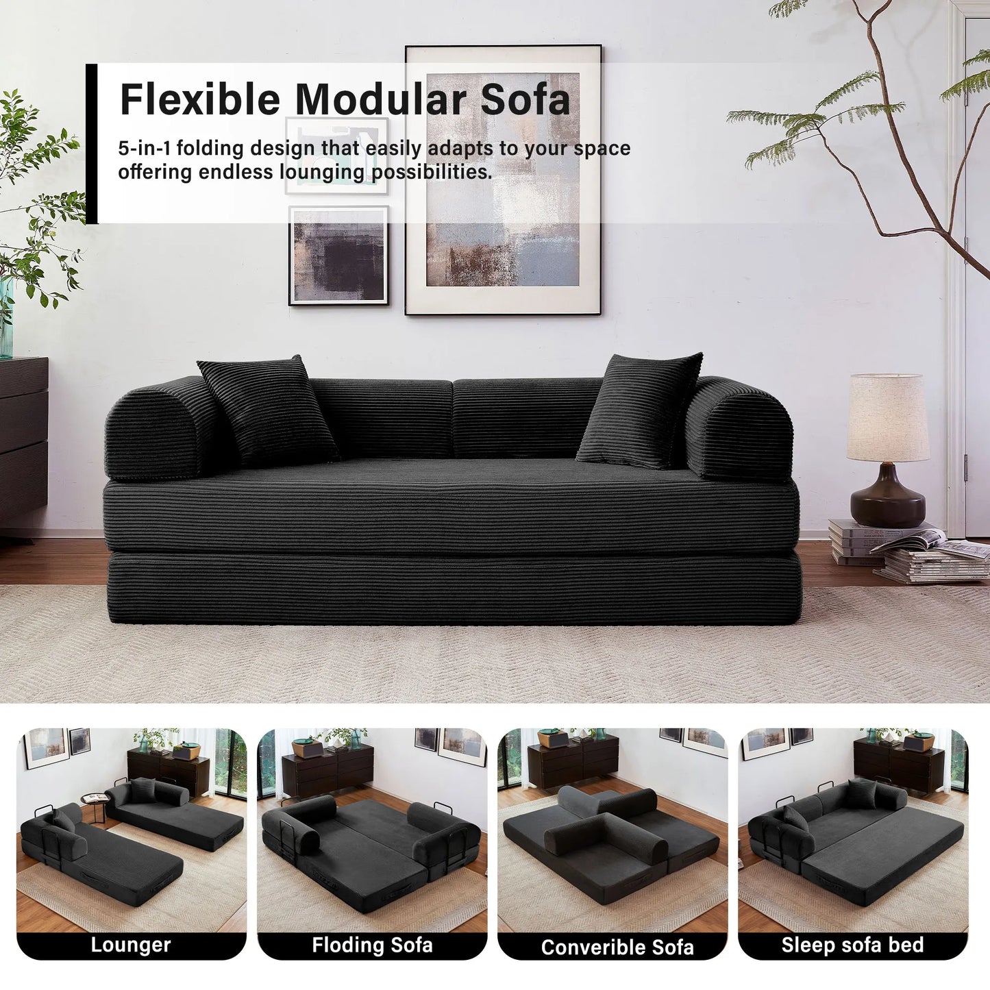 Convertible Futon Sofa Bed Foldable Couch With L Shaped Arms
