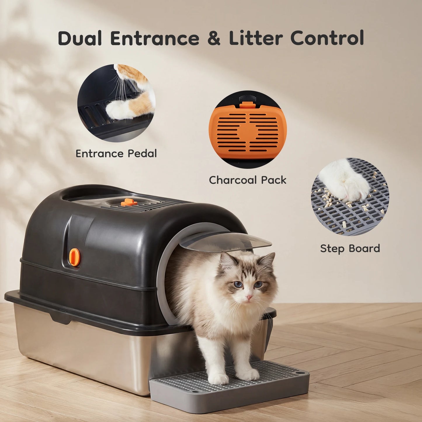 Stainless Steel Fully Enclosed Cat Litter Box With Safe Entry